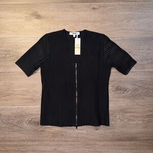 DKNY Black Ribbed Zip-Front Sheer Short Sleeve Top Size Medium